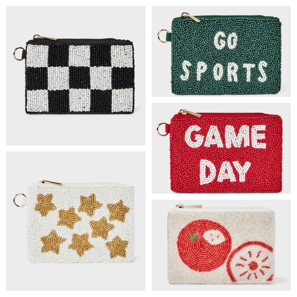 Gold Star Game Day Go Sports Stars Orange Checkerboard Beaded Pouch Gold NWT